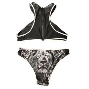 NEW We Are Handsome Bikini Set Palms Lion Print Black White Sz M/L NWT